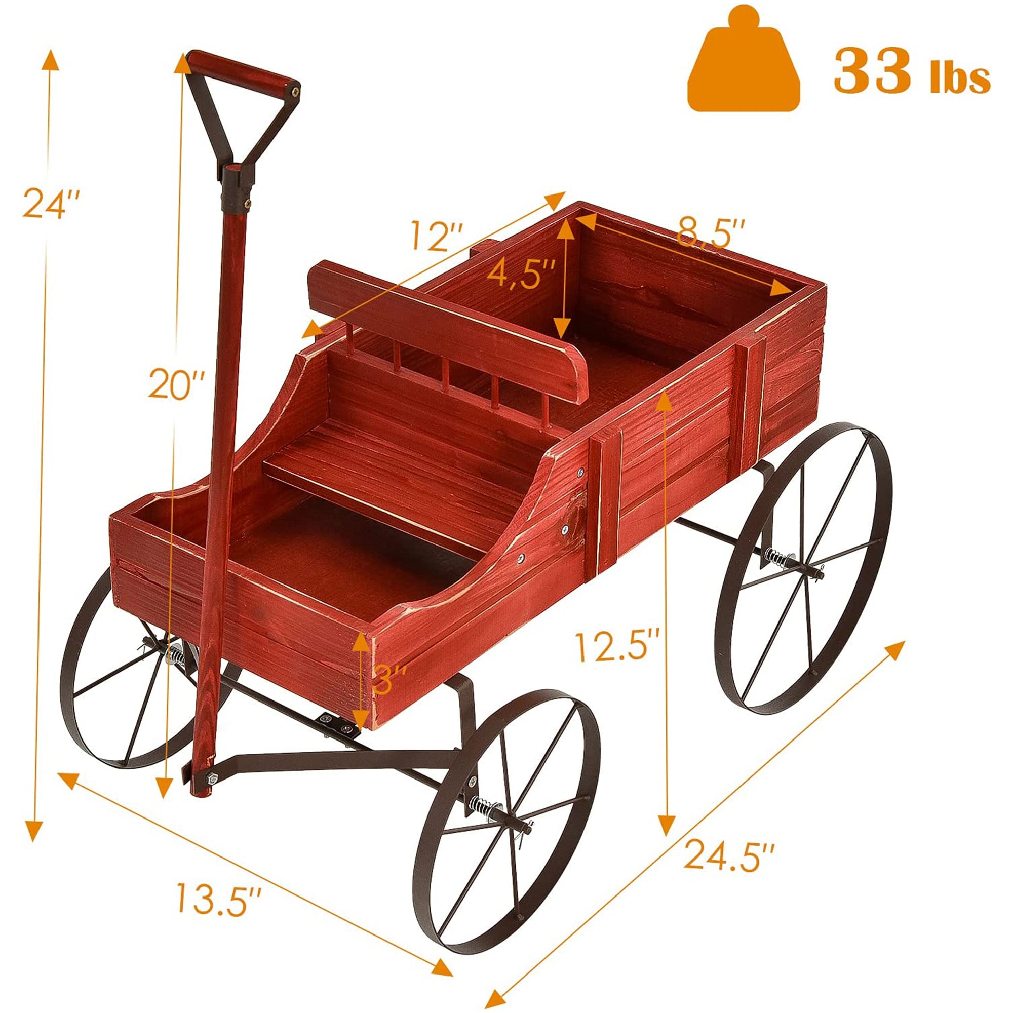 Wooden Wagon Plant Bed in Red with Metal Wheels