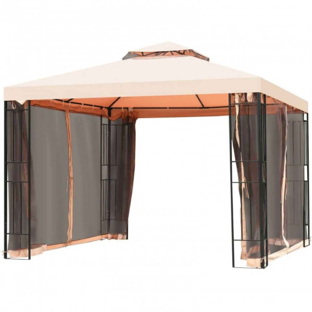 10 ft. x 10 ft. Beige 2 Tier Outdoor Patio Pop-Up Vented Metal Canopy Tent with Mosquito Netting