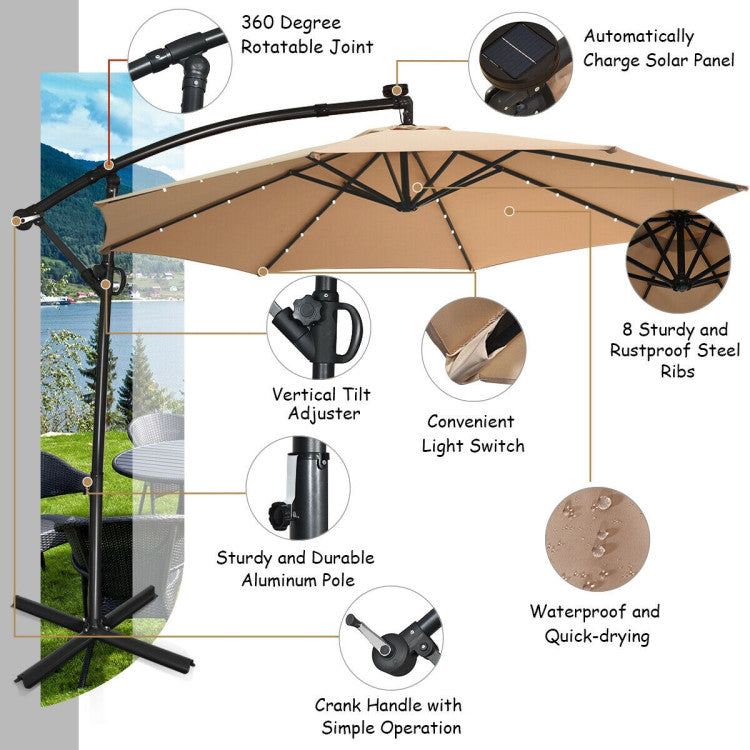 10 ft. 360-Degrees Rotation Aluminum Tilt Cantilever Patio Umbrella with LED Lights and Cross Base in Beige