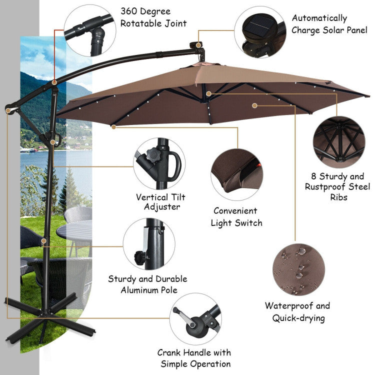 10 ft. 360-Degrees Rotation Aluminum Tilt Cantilever Patio Umbrella with LED Lights and Cross Base in Tan