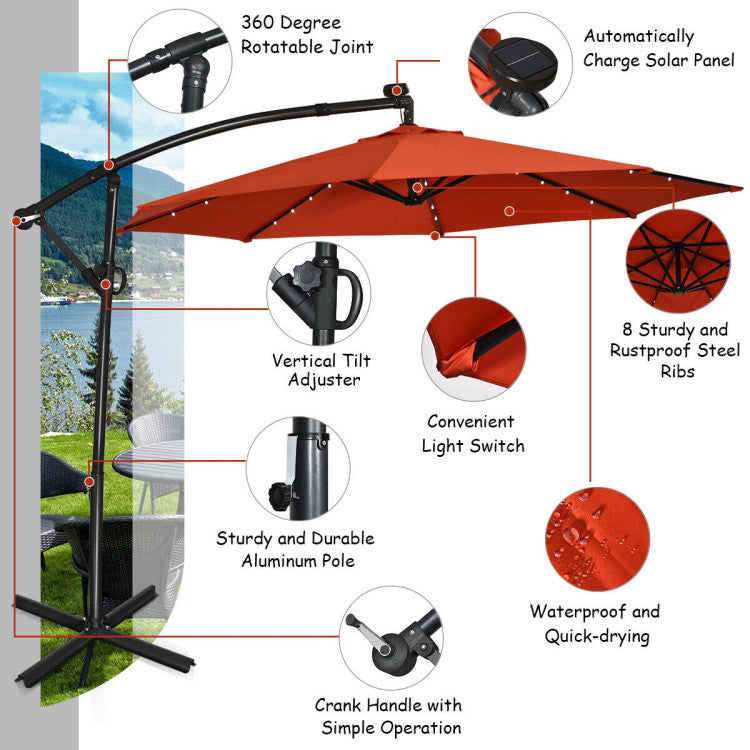 10 ft. 360-Degrees Rotation Aluminum Tilt Cantilever Patio Umbrella with LED Lights and Cross Base in Orange