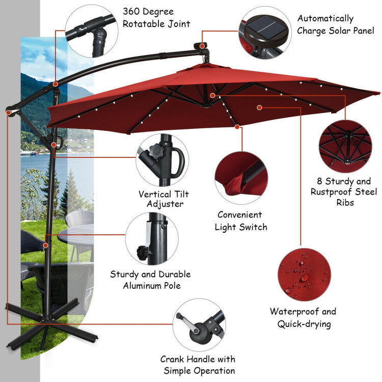 10 ft. 360-Degrees Rotation Aluminum Tilt Cantilever Patio Umbrella with LED Lights and Cross Base in Wine