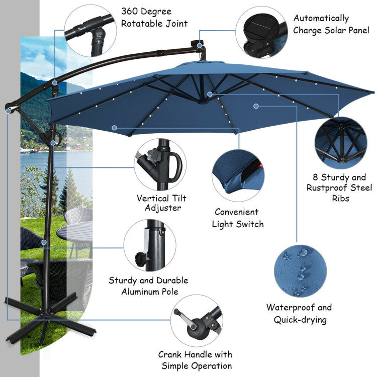 10 ft. 360-Degrees Rotation Aluminum Tilt Cantilever Patio Umbrella with LED Lights and Cross Base in Blue