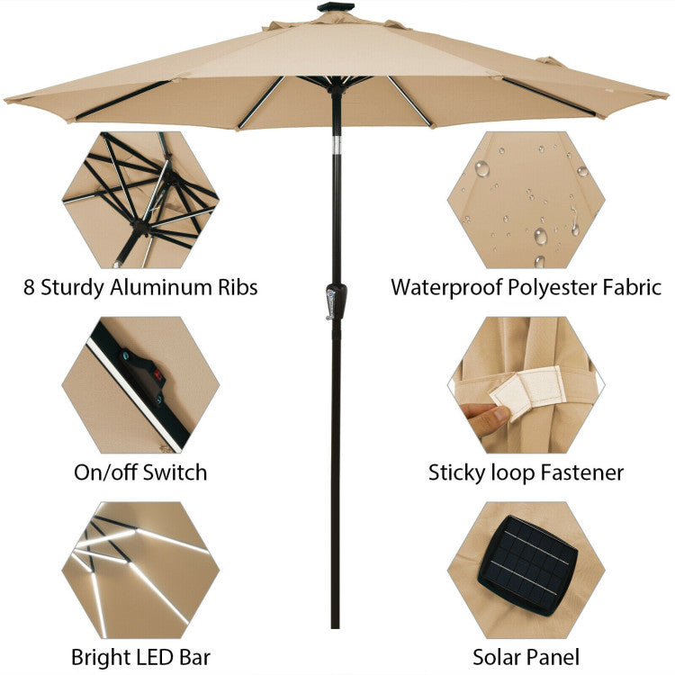 9 ft. Aluminum Market Solar Tilt Patio Umbrella with Crank and 16 Strip Lights in Beige