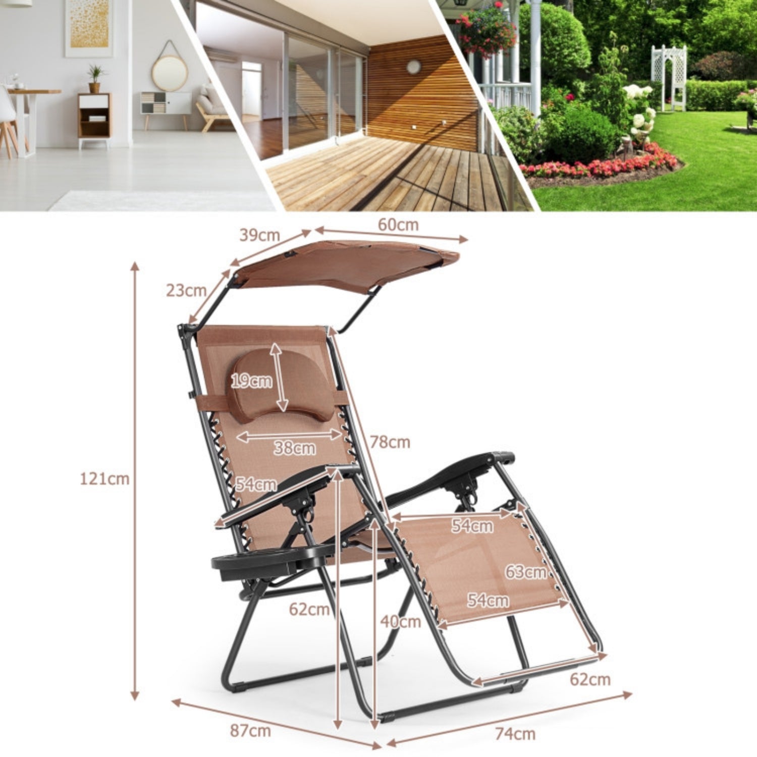 SUGIFT Folding Recliner Lounge Chair with Shade Canopy Cup Holder, Brown