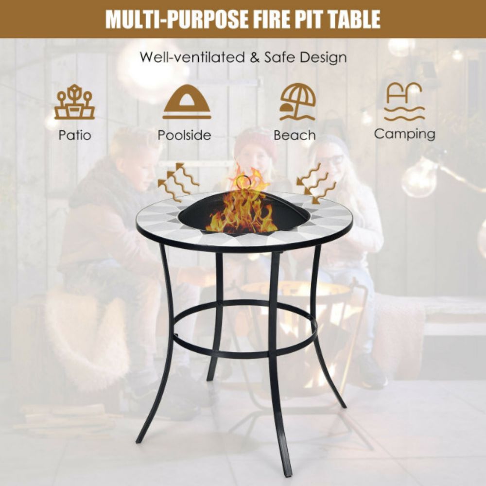 23.5 in. Outdoor Steel Fire Pit Dining Table with Mesh Cover and Fire Poker