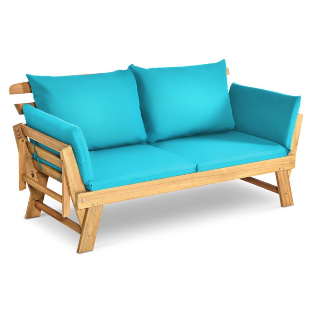 1-Piece Wooden Outdoor Convertible Recliner Sofa with Turquoise Cushions