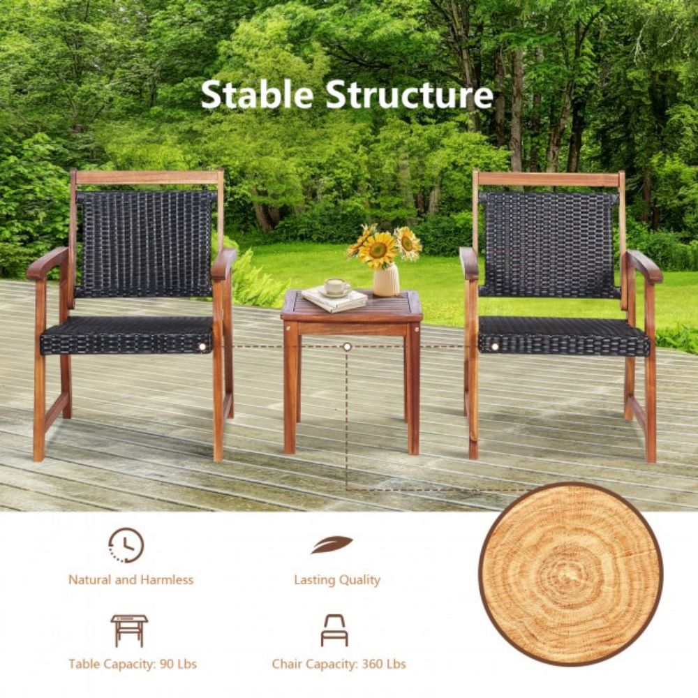 3-Piece Acacia Wood Rattan Outdoor Bistro Patio Conversation Set