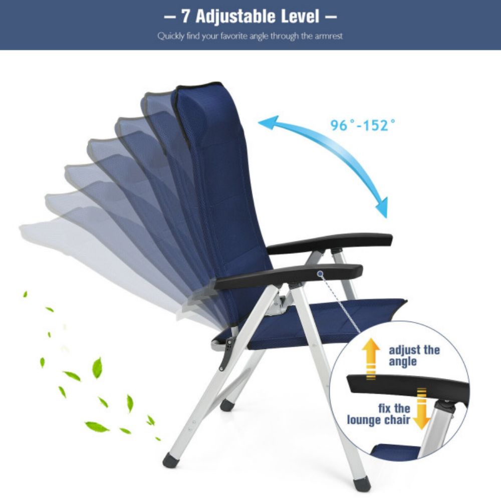 2-Piece Folding Aluminum Outdoor Dining Chair in Navy with Adjust Portable Headrest