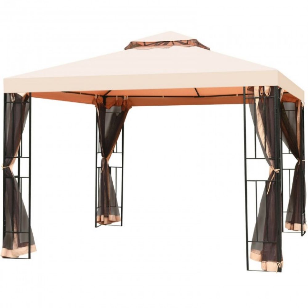 10 ft. x 10 ft. Beige 2 Tier Outdoor Patio Pop-Up Vented Metal Canopy Tent with Mosquito Netting