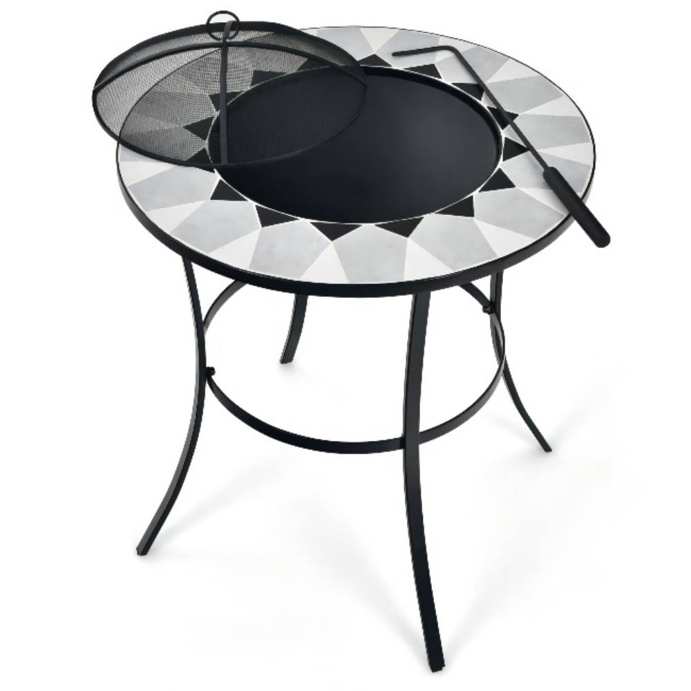 23.5 in. Round Metal Fire Pit in Black with Mesh Cover and Fire Poker