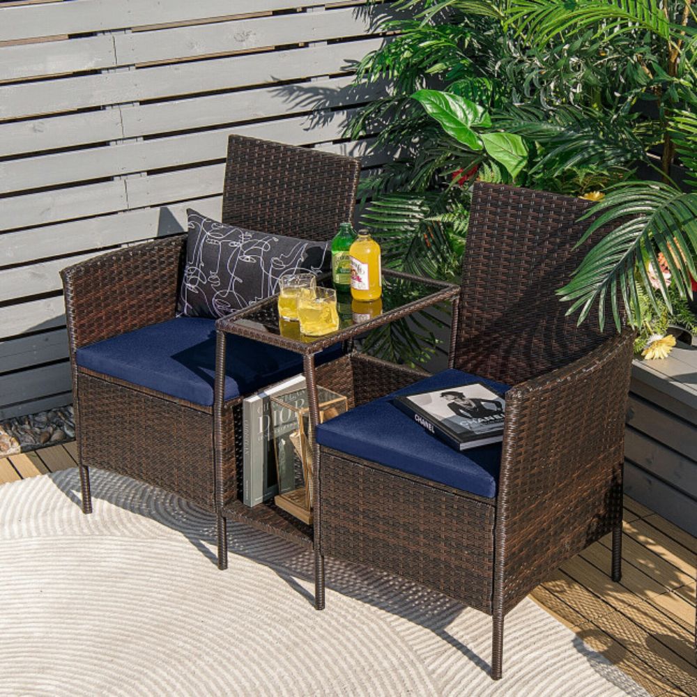 1-Piece Rattan Wicker Patio Conversation Loveseat Set with Navy Cushions and Glass Table