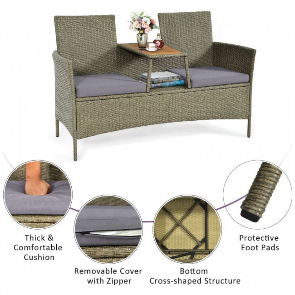 1-Piece Patio Rattan Wicker Conversation Furniture Set with Coffee Table and Purple Cushions