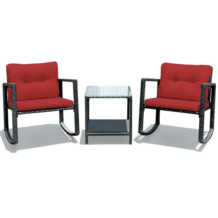 Black 3-Piece Wicker Outdoor Bistro Set with Red Cushions