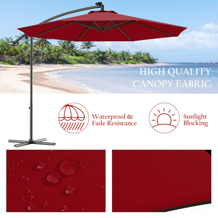 10 ft. Steel Cantilever Solar LED Outdoor Patio Umbrella with Cross Base in Red