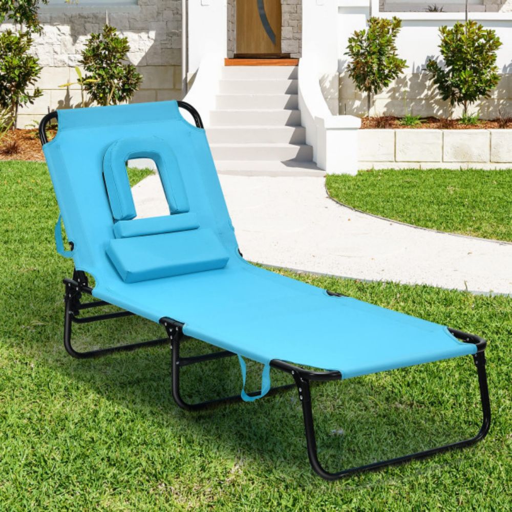 Turquoise 1-Piece Metal Folding Outdoor Chaise Lounge Chair with Adjustable Back