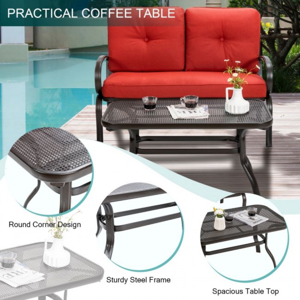 2-Piece Metal Outdoor Patio Fabric Loveseat and Table Set with Red Cushion