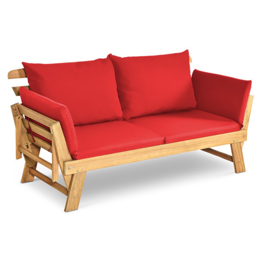 1-Piece Wooden Outdoor Convertible Recliner Sofa with Red Cushions