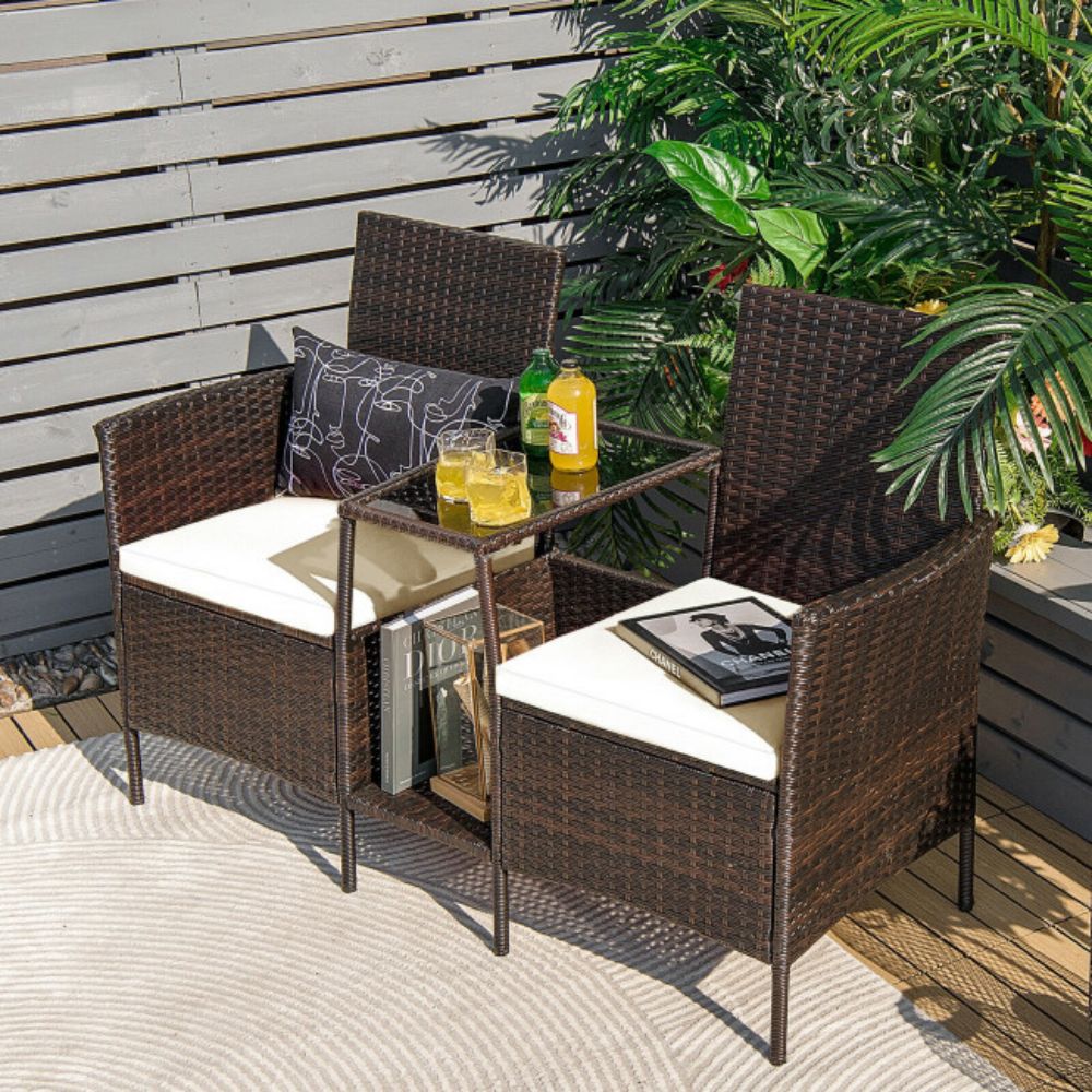 1-Piece Rattan Wicker Patio Conversation Loveseat Set with White Cushions and Glass Table