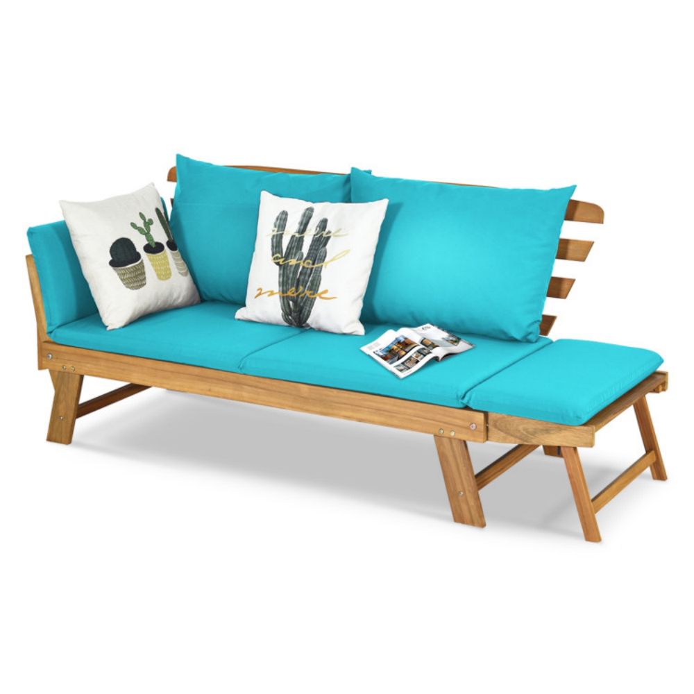 1-Piece Wooden Outdoor Convertible Recliner Sofa with Turquoise Cushions