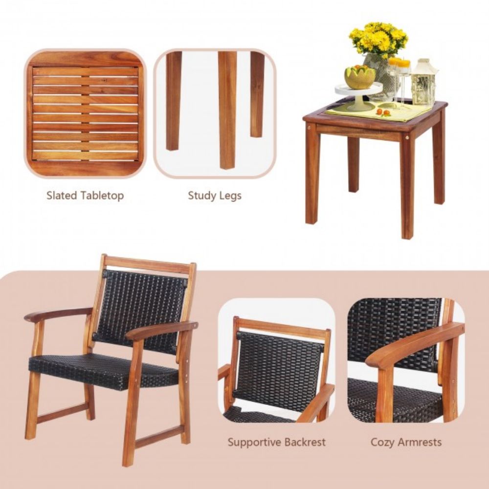 3-Piece Acacia Wood Rattan Outdoor Bistro Patio Conversation Set