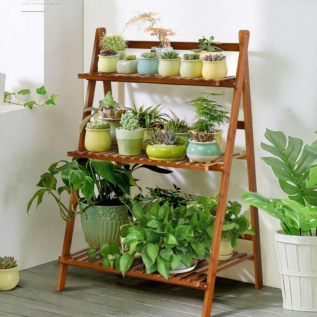 3-Tier Indoor/Outdoor Garden Bamboo Wood Folding Flower Shelf