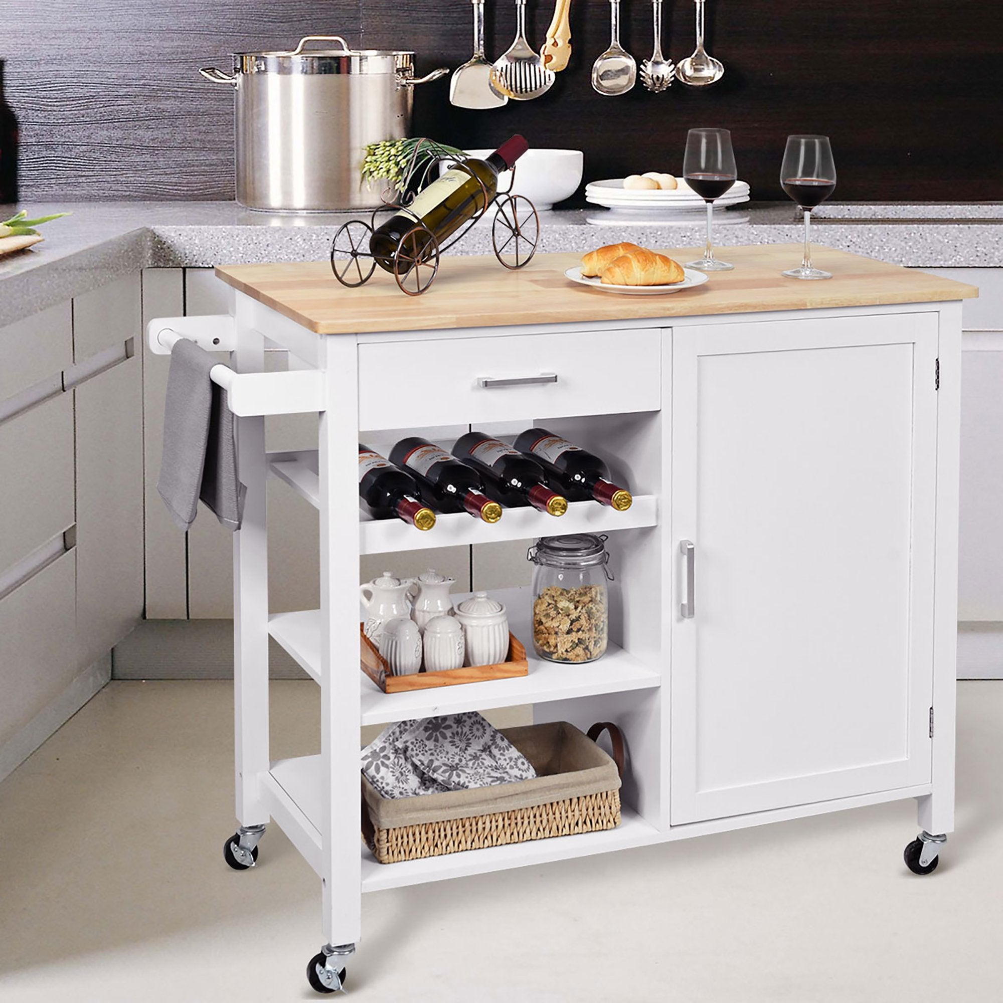 SUGIFT 4-Tier Wood Kitchen Island Trolley Cart Storage Cabinet White