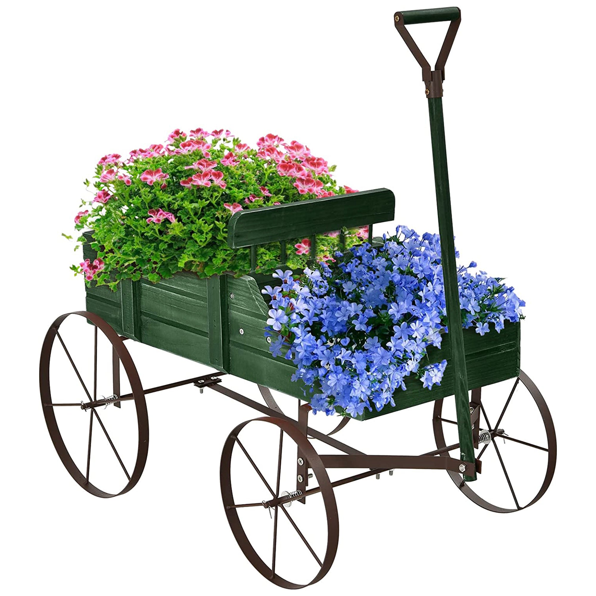 Wooden Wagon Plant Bed in Green with Metal Wheels