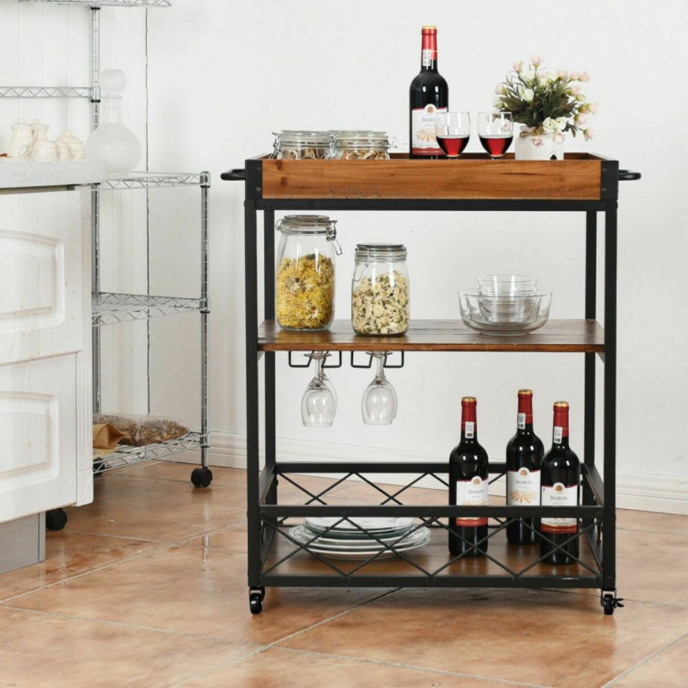 3-Tier Metal Brown Small Rolling Kitchen Cart Bar Serving Cart with Utility Shelf and Handle Racks