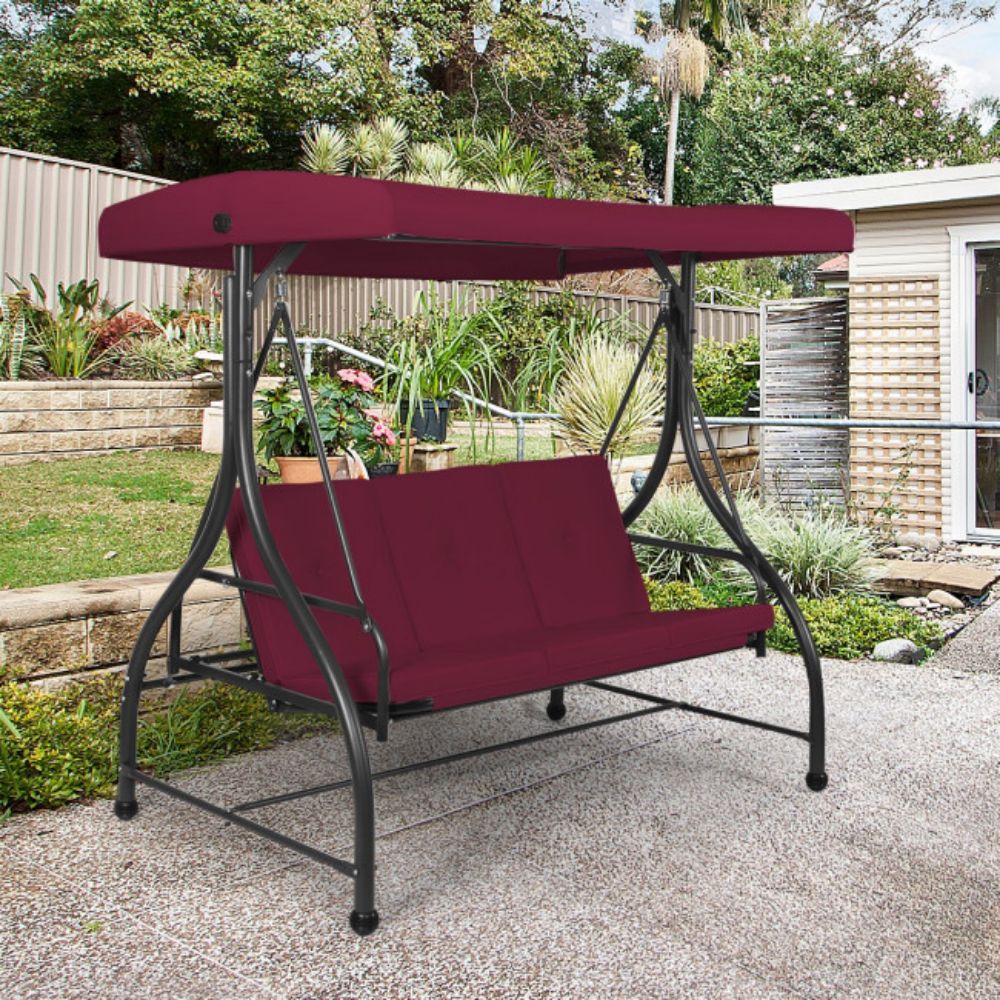 3-Person Black Metal Patio Swing with Claret Cushion