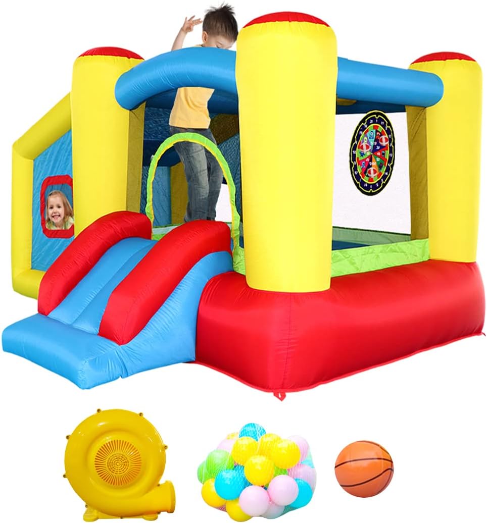 Inflatable Bounce House with Blower, Jumping Castle Slide, Kids Bouncer with Ball Pit, Basketball Rim  Dart Target Game