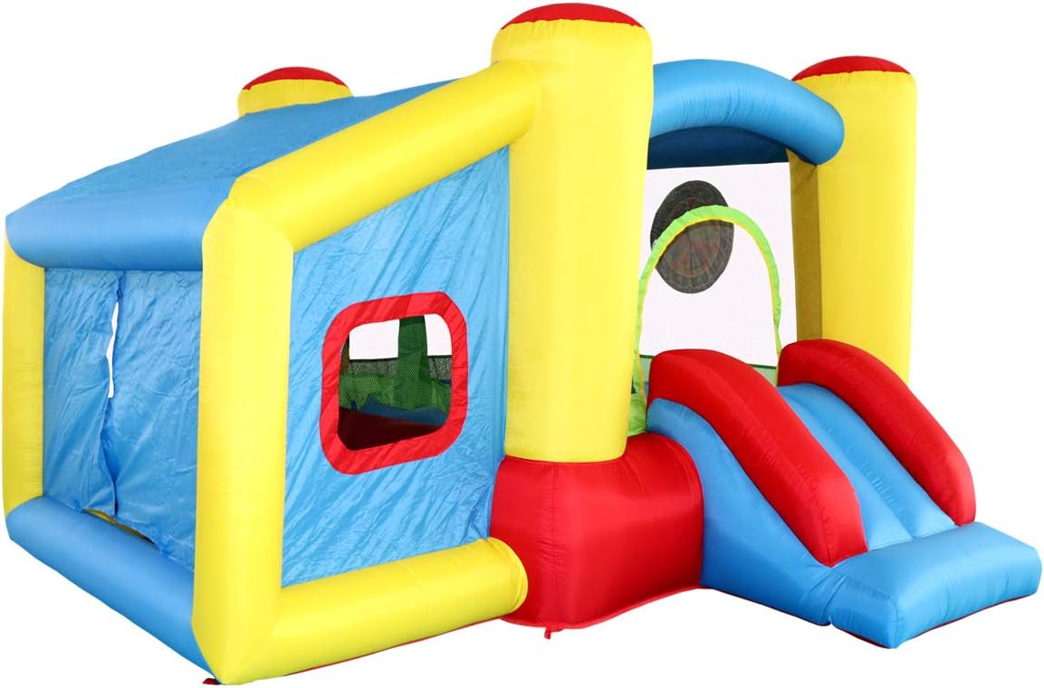 Inflatable Bounce House with Blower, Jumping Castle Slide, Kids Bouncer with Ball Pit, Basketball Rim  Dart Target Game