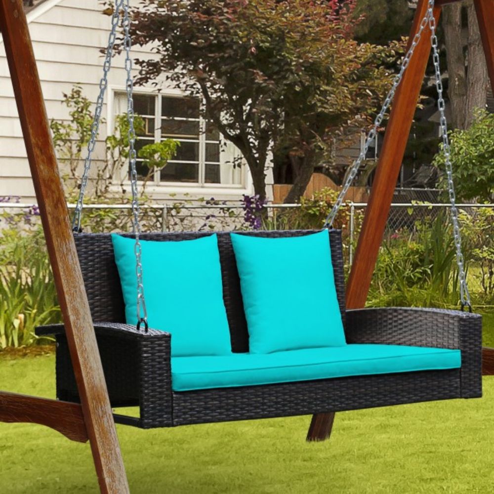 2-Person Brown Wicker Patio Porch Swing with Turquoise Cushions