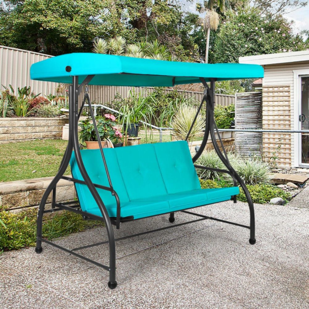 3-Person Black Metal Patio Swing with Turquoise Cushion