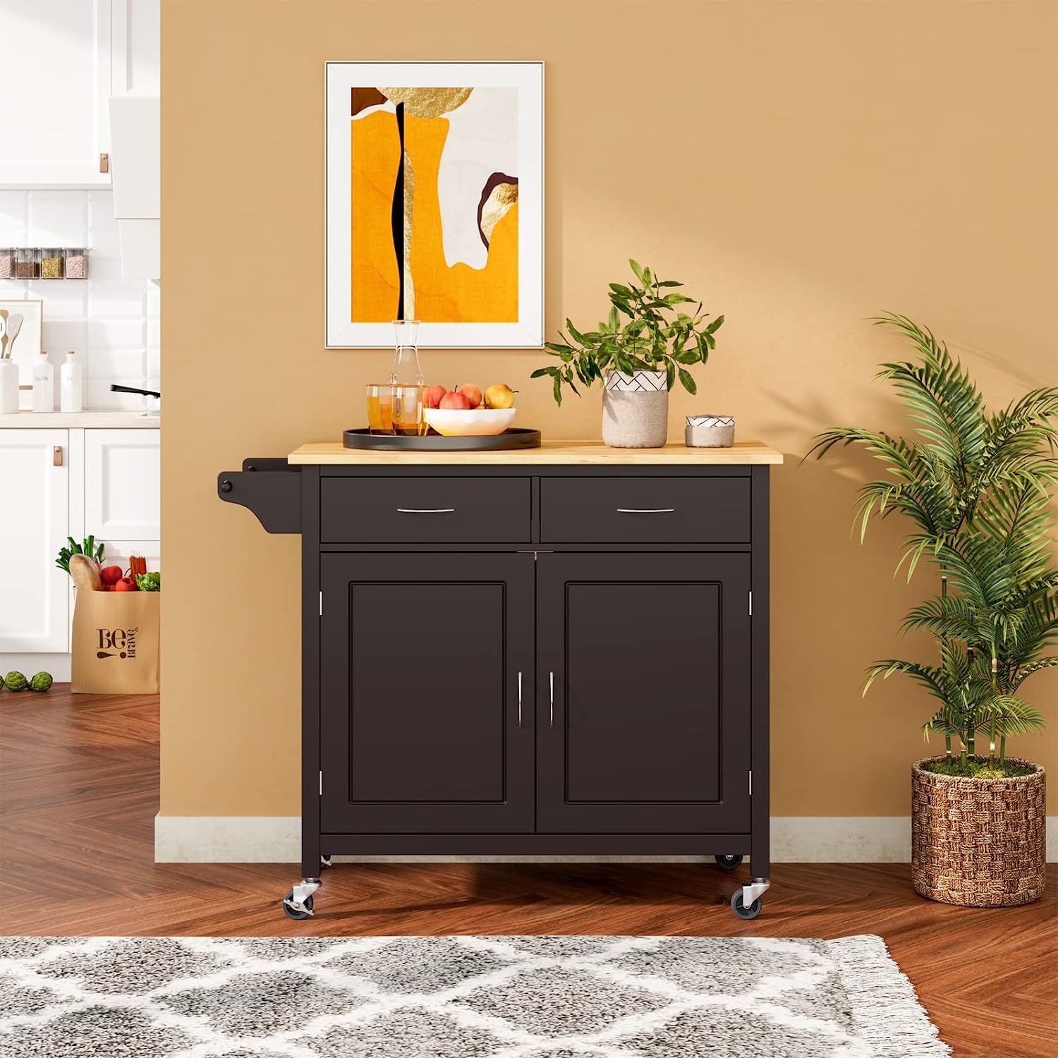 Brown Rolling Kitchen Cart with Towel Rack and Wood Table Top