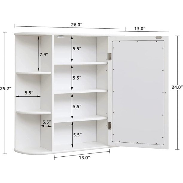 SUGIFT Bathroom Wall Cabinet with 1 Mirror Door Medicine Cabinet with Adjustable Shelf & 6 Open Shelves White