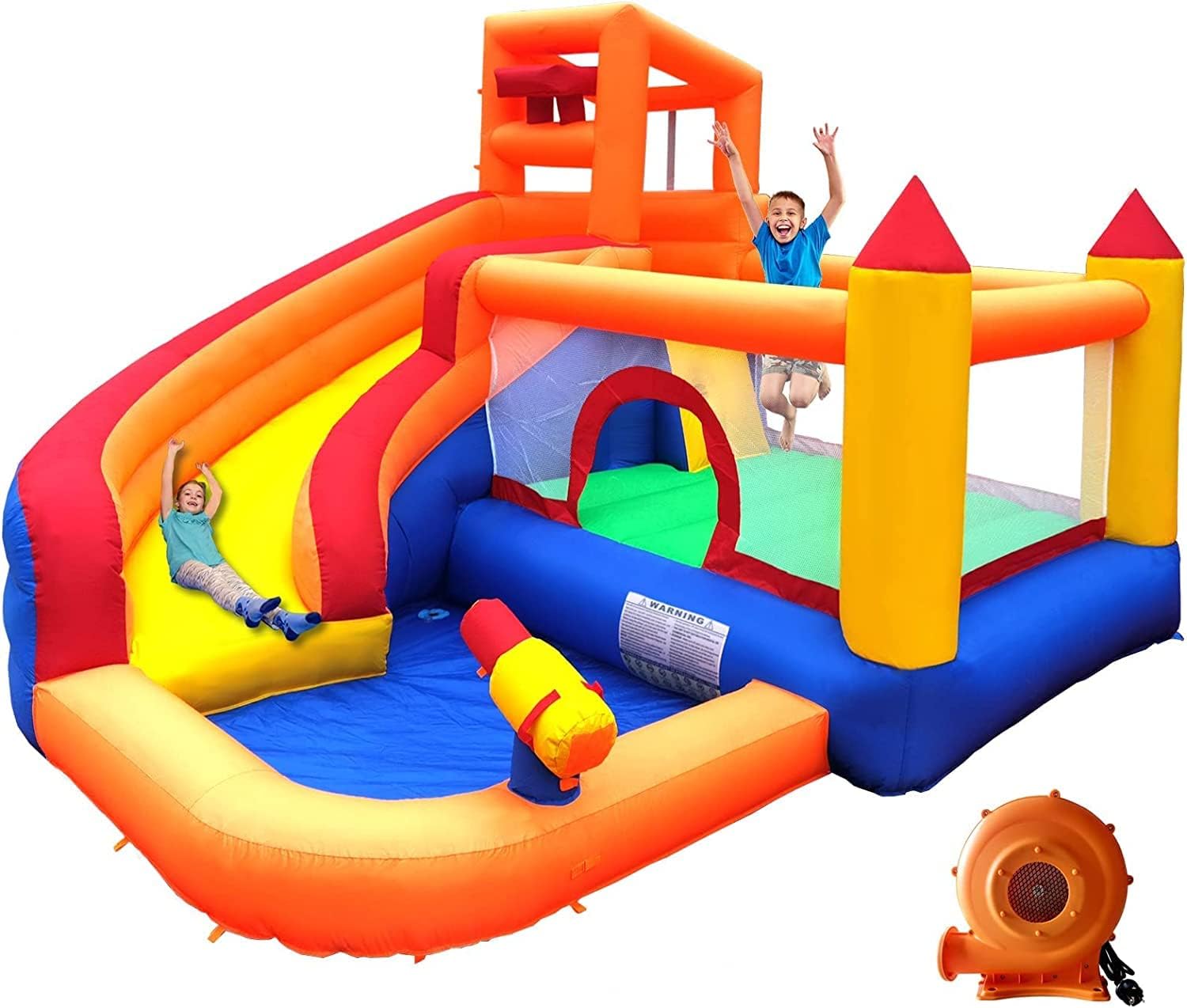 Inflatable Bounce House Water Slide with Blower, 5 in 1 Backyard Water Park W/Climbing Wall, Splash Pool Jumping Castle Water Slide Cannon Bucket Dump for Indoor Outdoor Parties