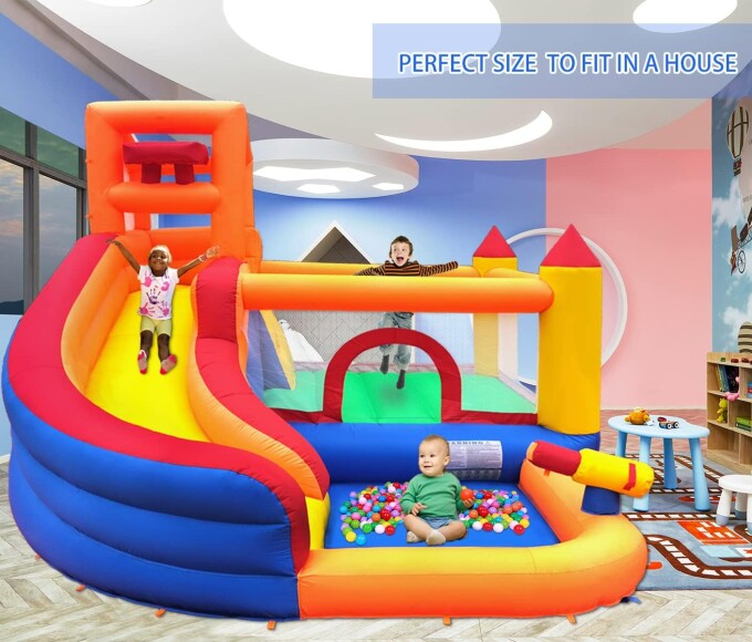 Inflatable Bounce House Water Slide with Blower, 5 in 1 Backyard Water Park W/Climbing Wall, Splash Pool Jumping Castle Water Slide Cannon Bucket Dump for Indoor Outdoor Parties