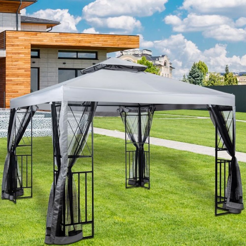 10 ft. x 10 ft. Light Gray Patio Gazebo with Mosquito Net and Corner Shelves