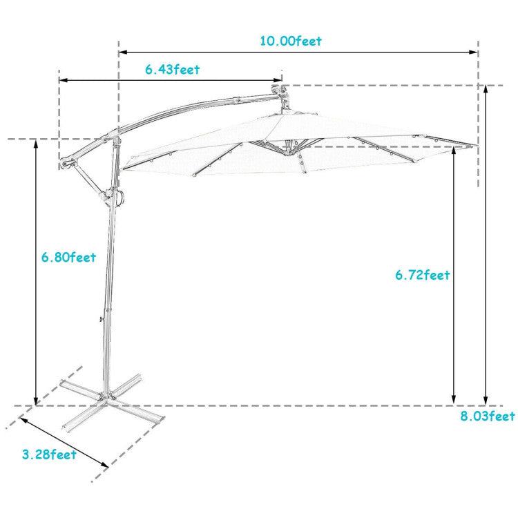 10 ft. 360-Degrees Rotation Aluminum Tilt Cantilever Patio Umbrella with LED Lights and Cross Base in Turquoise