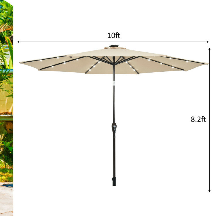 10 ft. Steel Market Tilt Patio Solar Umbrella with LED Lights and Crank in Beige