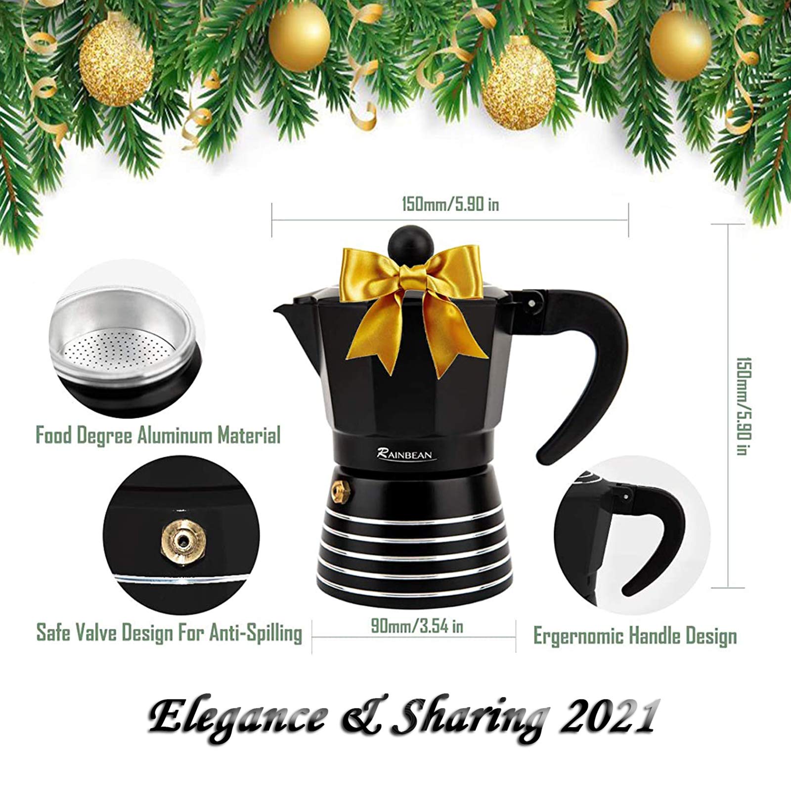 SUGIFT 3 Cup Moka Pot, Stovetop Espresso Machine, Black