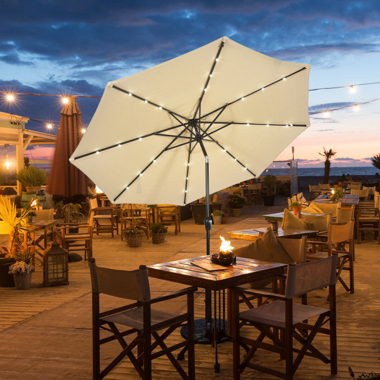 10 ft. Steel Market Tilt Patio Solar Umbrella with LED Lights and Crank in Beige