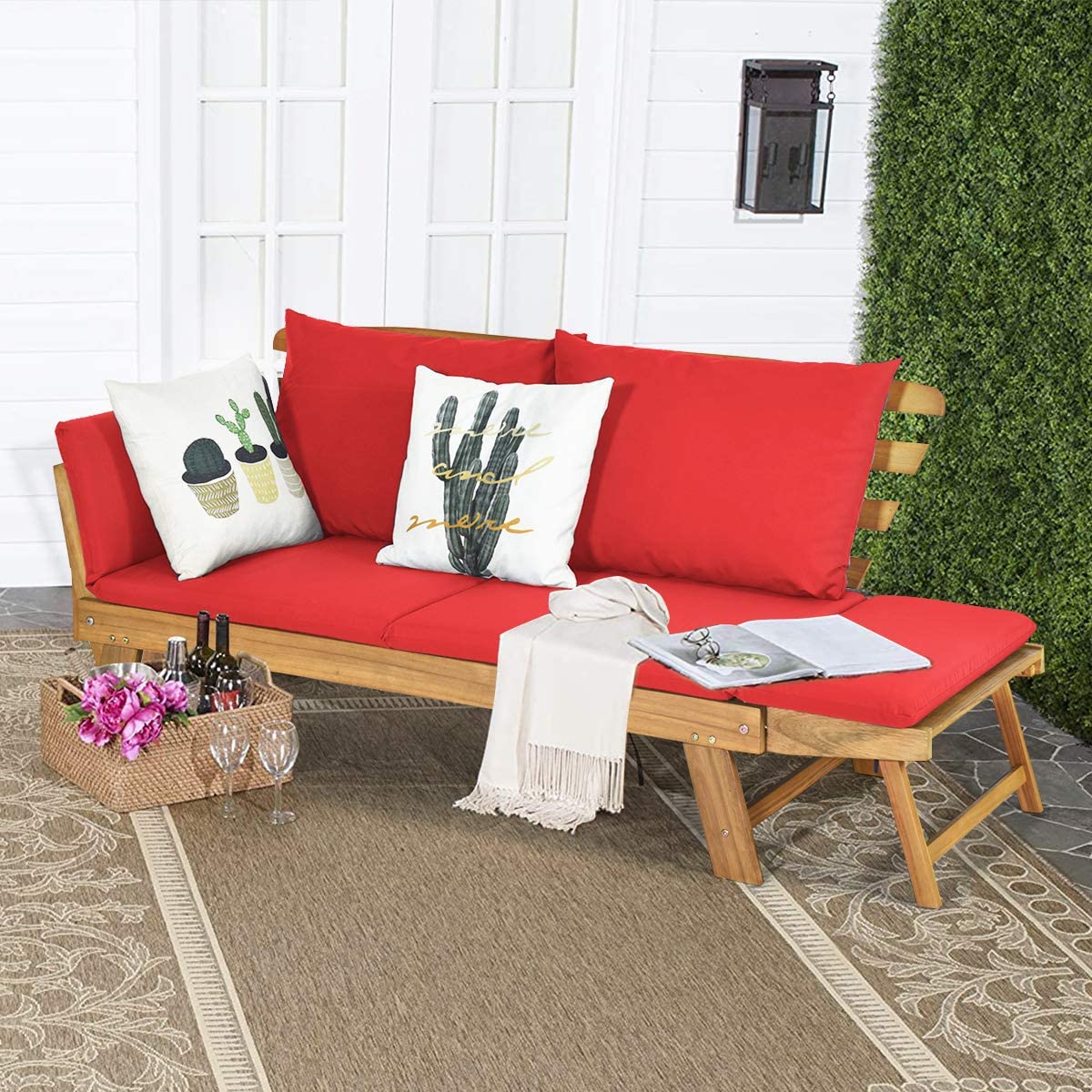 1-Piece Wooden Outdoor Convertible Recliner Sofa with Red Cushions