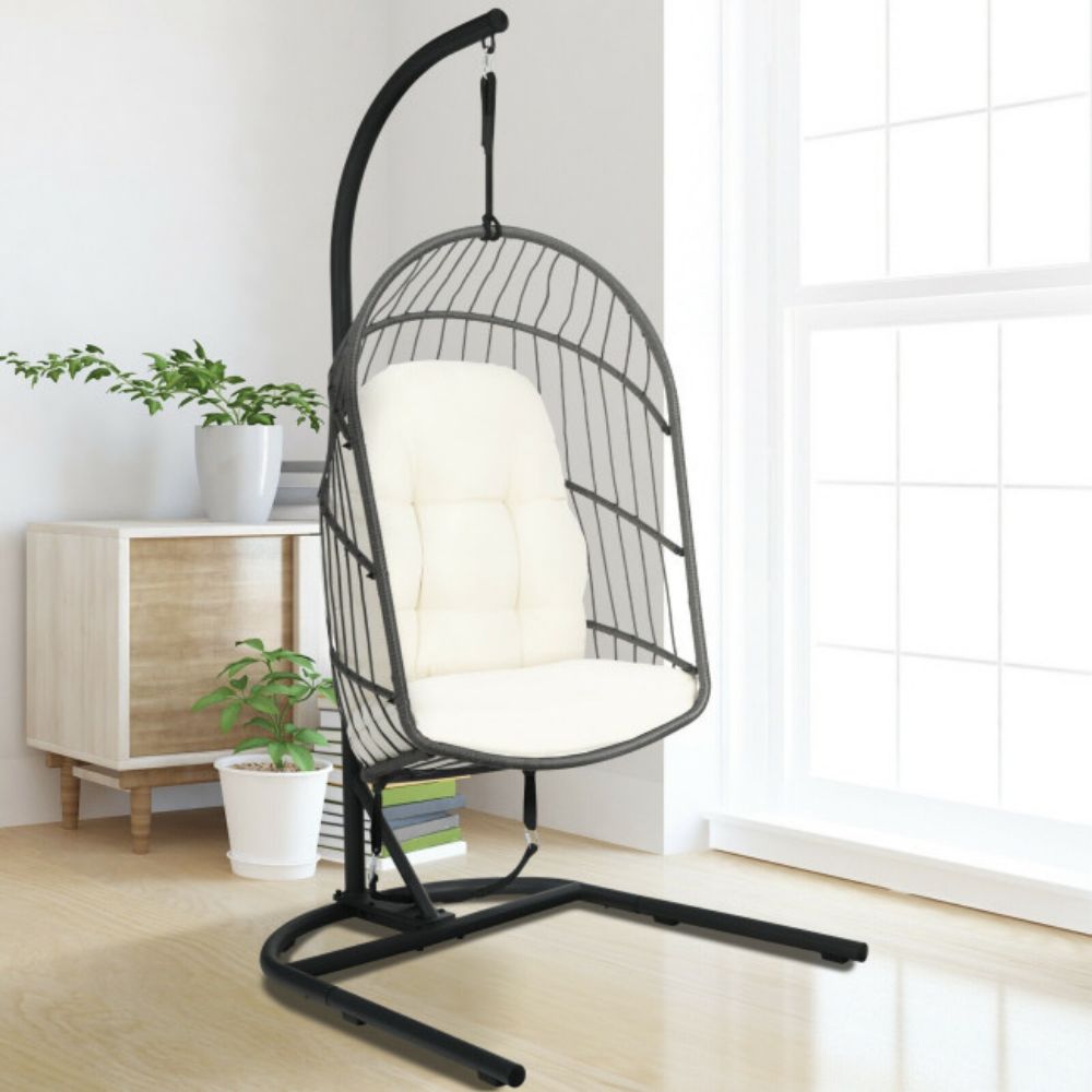 Wicker Hanging Patio Swing Egg Chair with Stand and Cushion