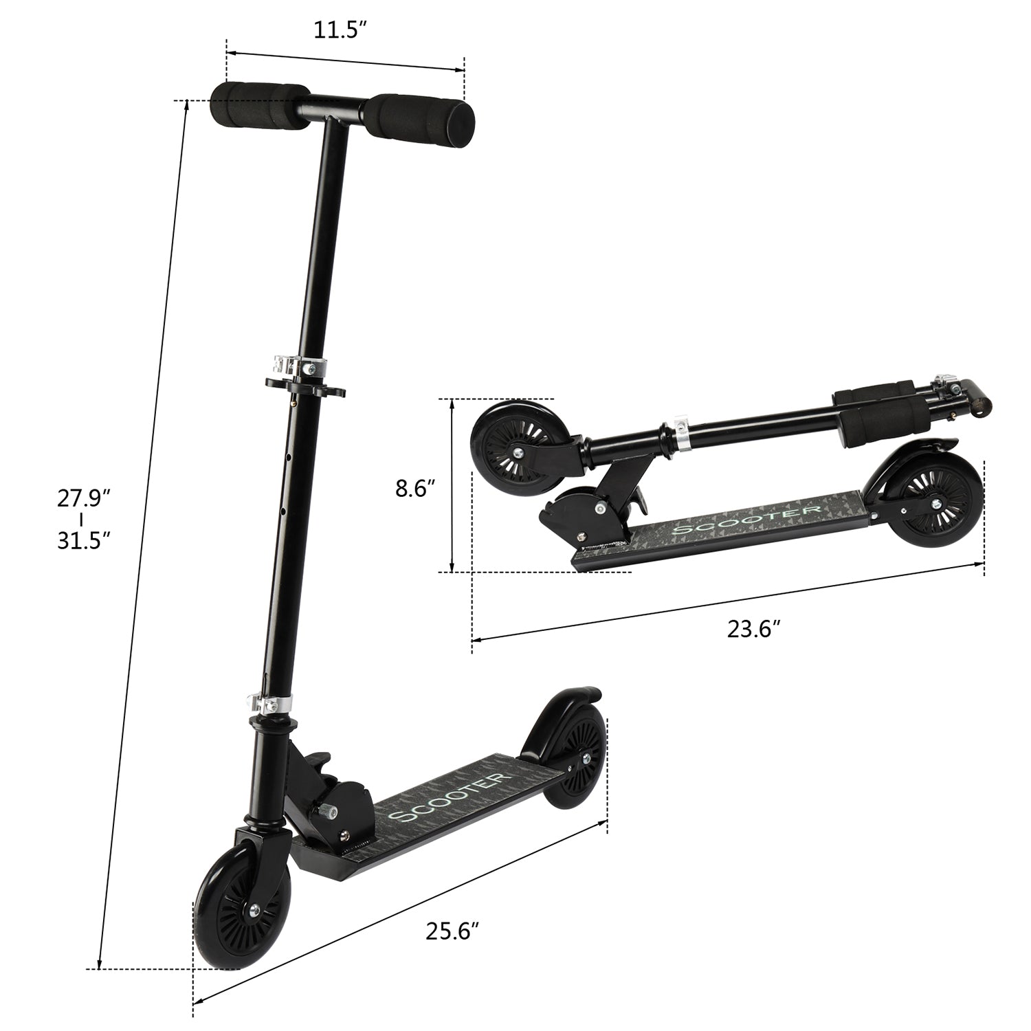 SUGIFT Youth Scooter, 3 Height Adjustable, Alloy Easy Foldable Black Scooter