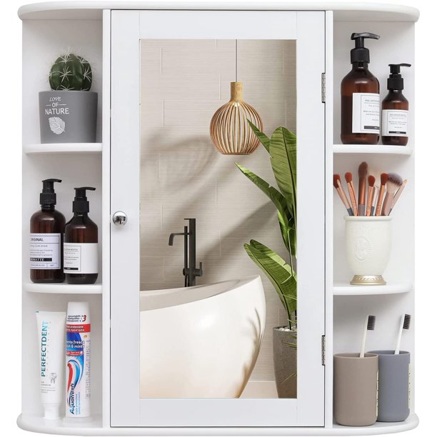 SUGIFT Bathroom Wall Cabinet with 1 Mirror Door Medicine Cabinet with Adjustable Shelf & 6 Open Shelves White