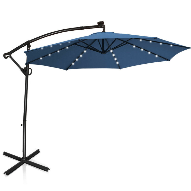 10 ft. 360-Degrees Rotation Aluminum Tilt Cantilever Patio Umbrella with LED Lights and Cross Base in Blue