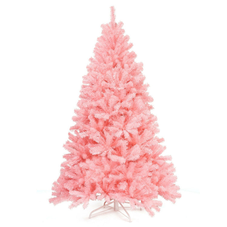 SUGIFT 6 Feet Pink Artificial Hinged Spruce Full Christmas Tree with Foldable Metal Stand