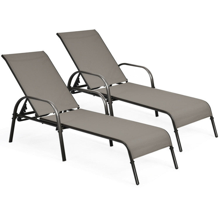 2-Piece Metal Adjustable Outdoor Chaise Lounges Chairs with Adjustable Reclining Armrest in Brown